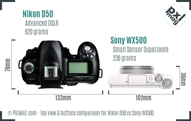 Nikon D50 vs Sony WX500 top view buttons comparison