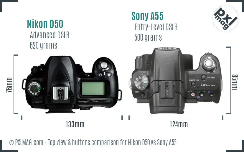 Nikon D50 vs Sony A55 top view buttons comparison
