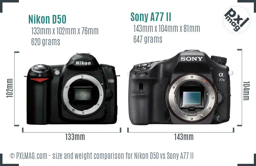 Nikon D50 vs Sony A77 II size comparison