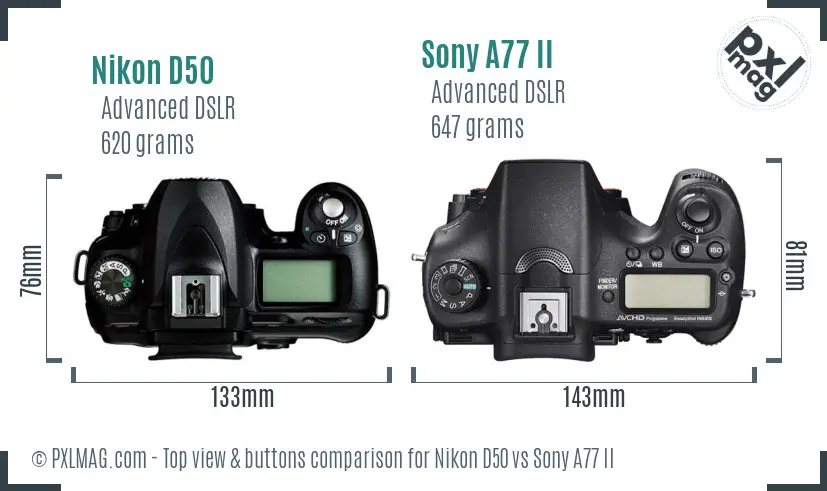 Nikon D50 vs Sony A77 II top view buttons comparison
