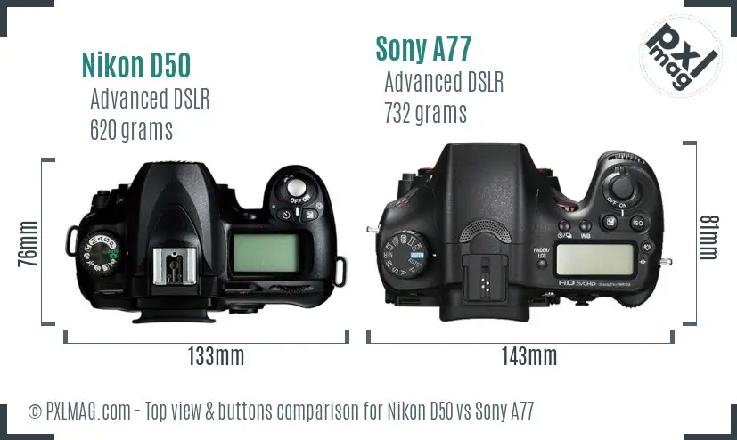 Nikon D50 vs Sony A77 top view buttons comparison