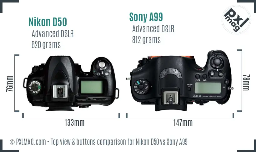 Nikon D50 vs Sony A99 top view buttons comparison