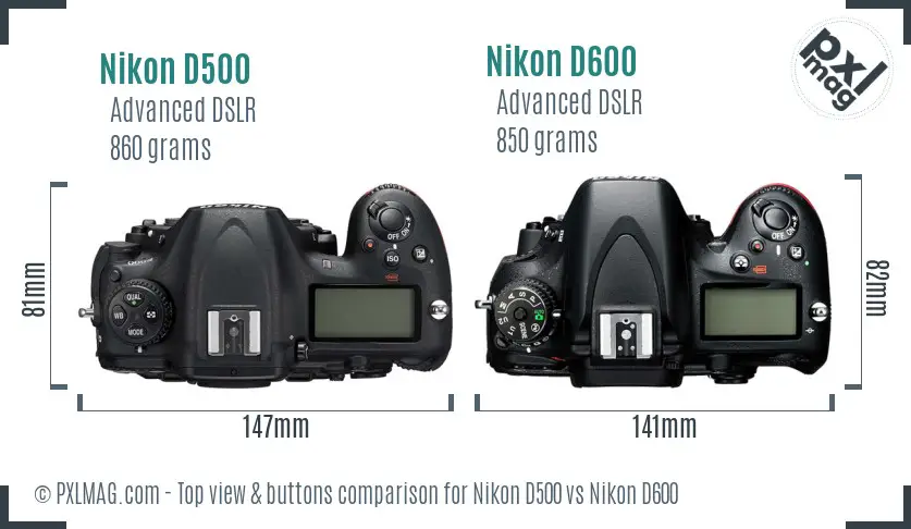 Nikon D500 vs Nikon D600 top view buttons comparison