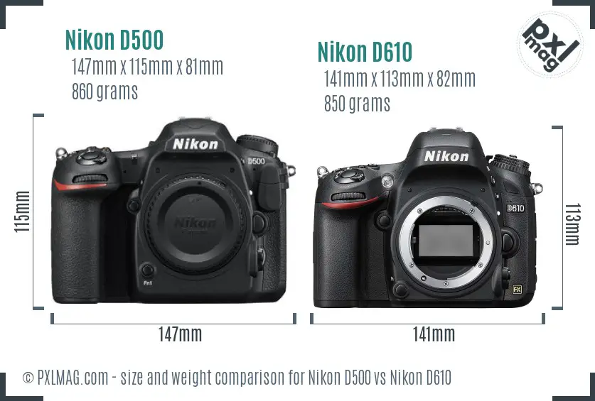 Nikon D500 vs Nikon D610 size comparison
