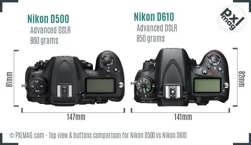 Nikon D500 vs Nikon D610 top view buttons comparison