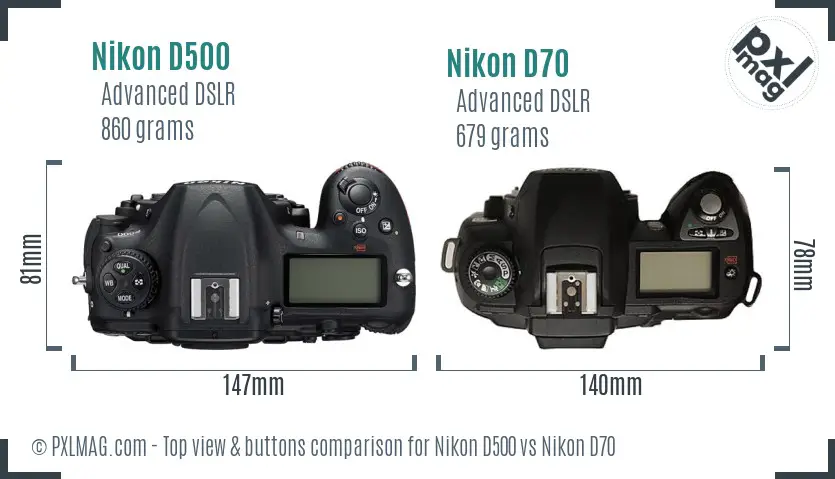 Nikon D500 vs Nikon D70 top view buttons comparison