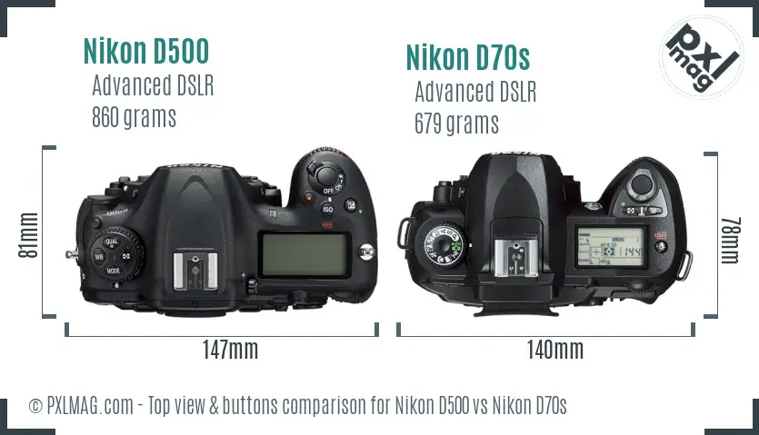 Nikon D500 vs Nikon D70s top view buttons comparison
