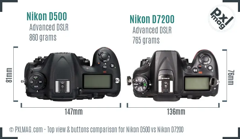Nikon D500 vs Nikon D7200 top view buttons comparison