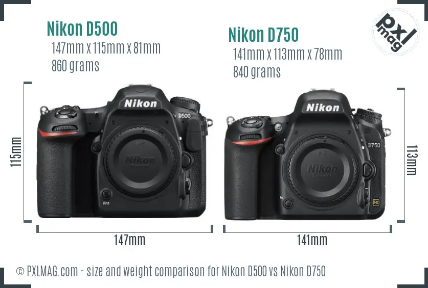 Nikon D500 vs Nikon D750 size comparison