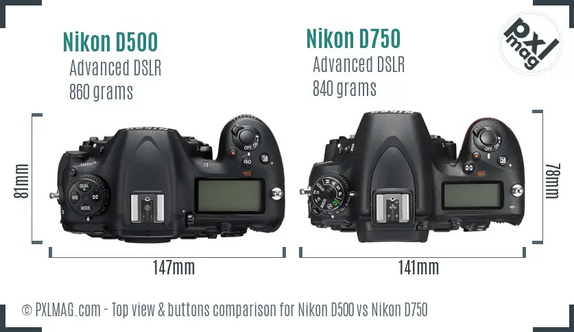 Nikon D500 vs Nikon D750 top view buttons comparison