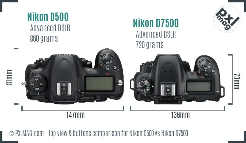 Nikon D500 vs Nikon D7500 top view buttons comparison