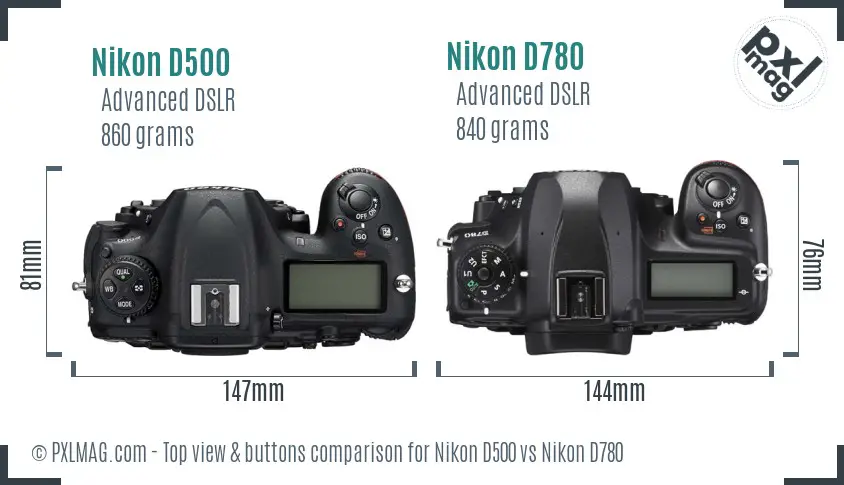 Nikon D500 vs Nikon D780 top view buttons comparison