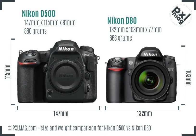 Nikon D500 vs Nikon D80 size comparison