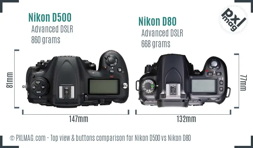 Nikon D500 vs Nikon D80 top view buttons comparison