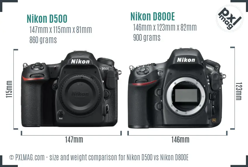 Nikon D500 vs Nikon D800E size comparison