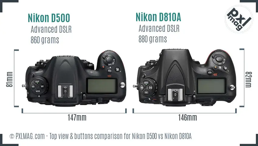 Nikon D500 vs Nikon D810A top view buttons comparison
