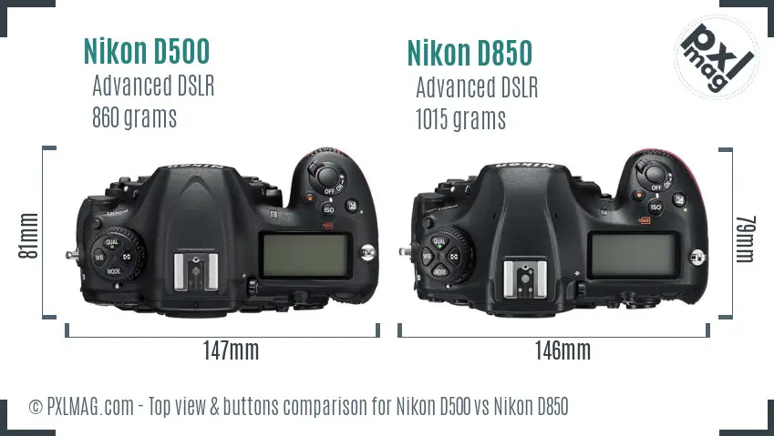 Nikon D500 vs Nikon D850 top view buttons comparison