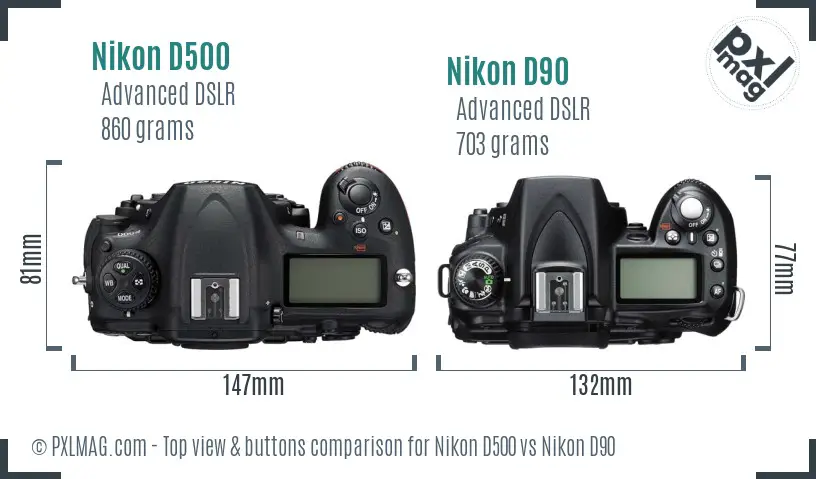 Nikon D500 vs Nikon D90 top view buttons comparison