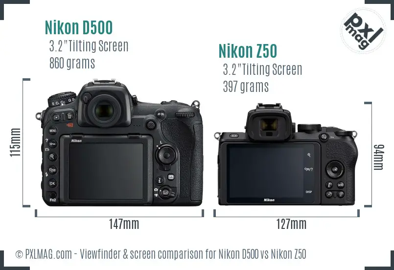 Nikon D500 vs Nikon Z50 Screen and Viewfinder comparison
