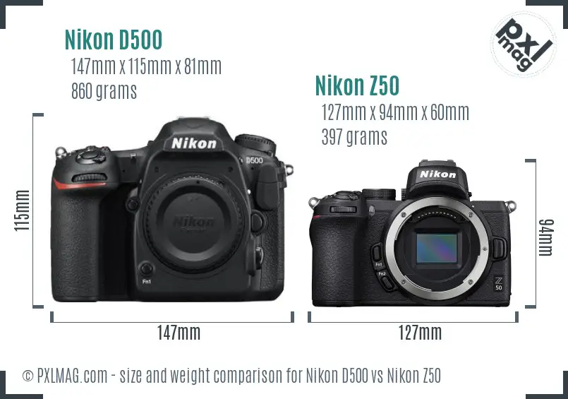 Nikon D500 vs Nikon Z50 size comparison