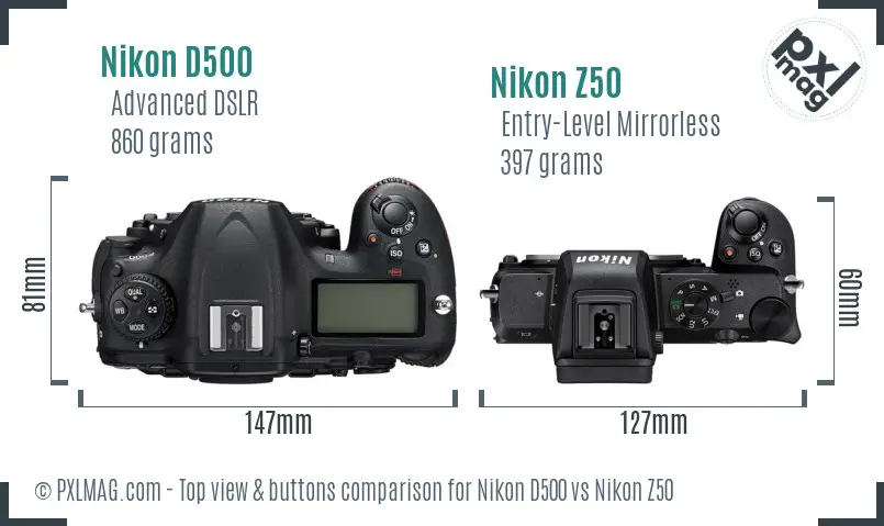 Nikon D500 vs Nikon Z50 top view buttons comparison