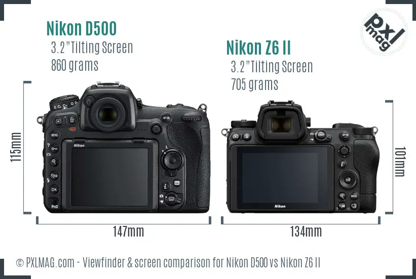 Nikon D500 vs Nikon Z6 II Screen and Viewfinder comparison