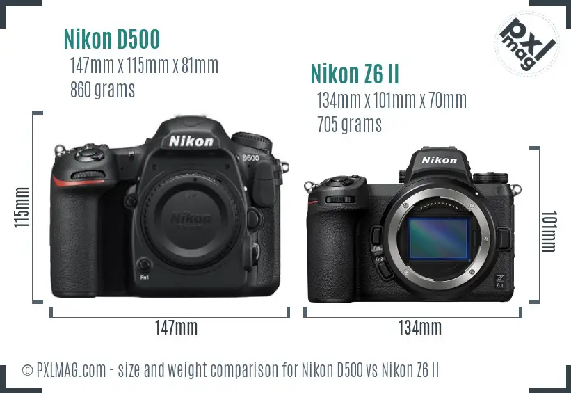 Nikon D500 vs Nikon Z6 II size comparison