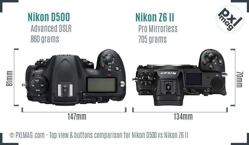 Nikon D500 vs Nikon Z6 II top view buttons comparison