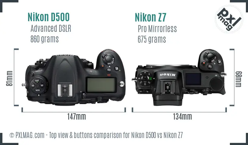 Nikon D500 vs Nikon Z7 top view buttons comparison Nikon D500 vs Nikon Z7 top view buttons comparison