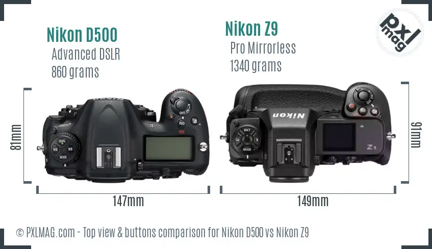 Nikon D500 vs Nikon Z9 top view buttons comparison