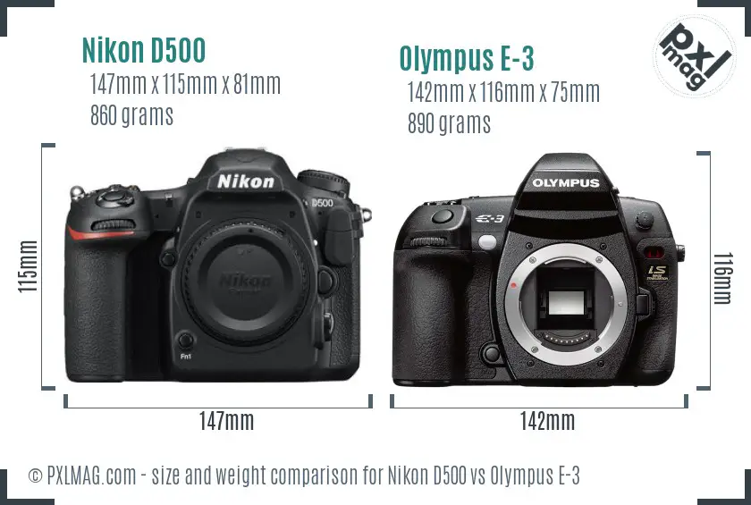 Nikon D500 vs Olympus E-3 size comparison