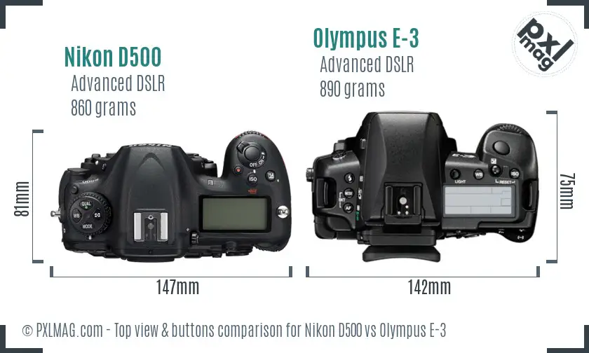 Nikon D500 vs Olympus E-3 top view buttons comparison