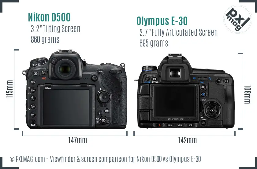 Nikon D500 vs Olympus E-30 Screen and Viewfinder comparison