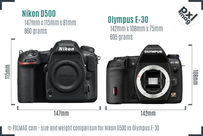 Nikon D500 vs Olympus E-30 size comparison