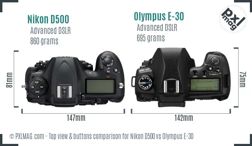 Nikon D500 vs Olympus E-30 top view buttons comparison