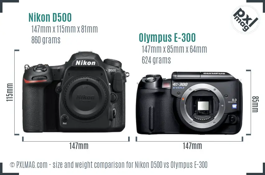 Nikon D500 vs Olympus E-300 size comparison