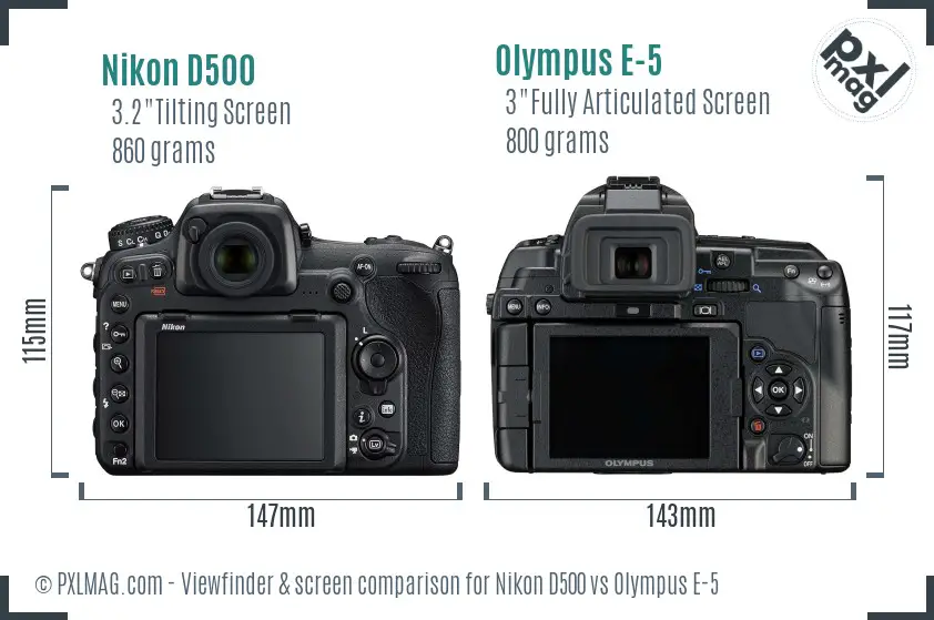 Nikon D500 vs Olympus E-5 Screen and Viewfinder comparison