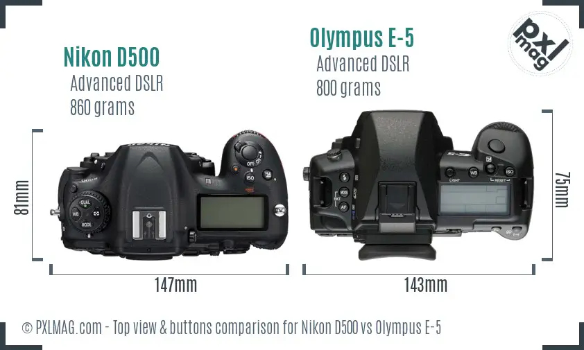 Nikon D500 vs Olympus E-5 top view buttons comparison