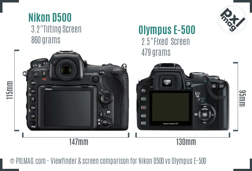 Nikon D500 vs Olympus E-500 Screen and Viewfinder comparison