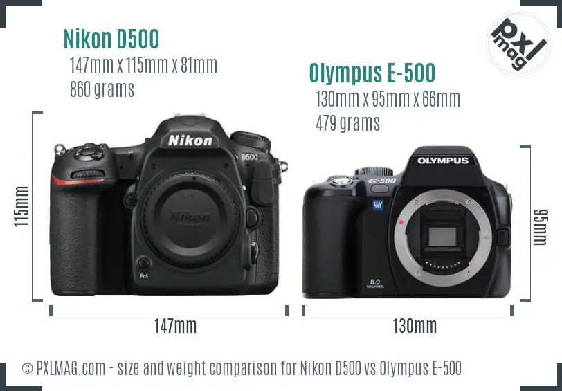 Nikon D500 vs Olympus E-500 size comparison