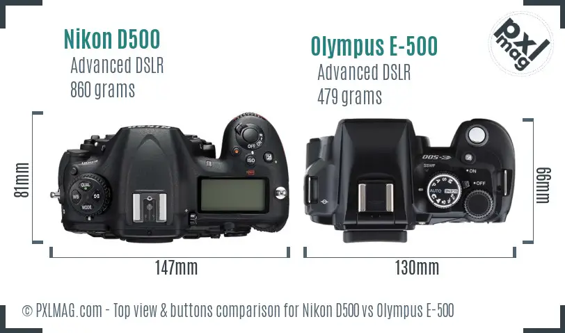 Nikon D500 vs Olympus E-500 top view buttons comparison