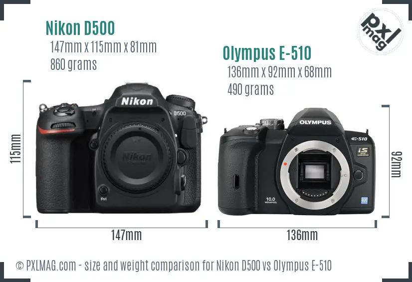 Nikon D500 vs Olympus E-510 size comparison