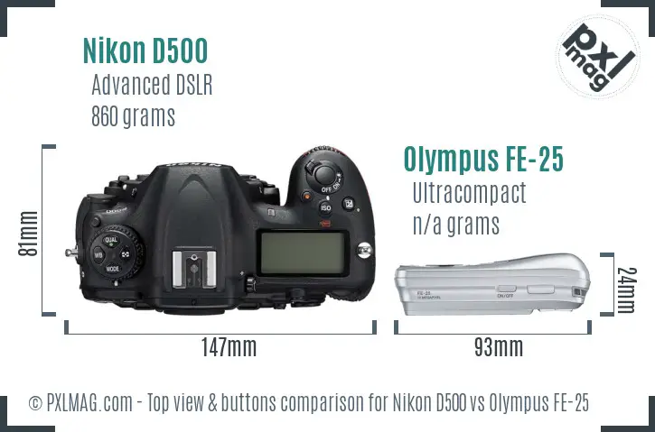 Nikon D500 vs Olympus FE-25 top view buttons comparison