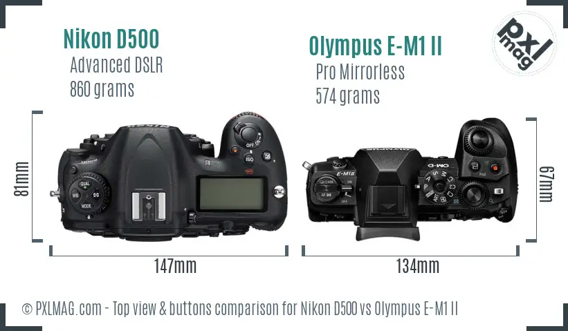 Nikon D500 vs Olympus E-M1 II top view buttons comparison