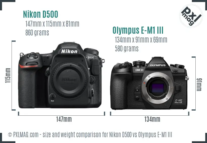 Nikon D500 vs Olympus E-M1 III size comparison