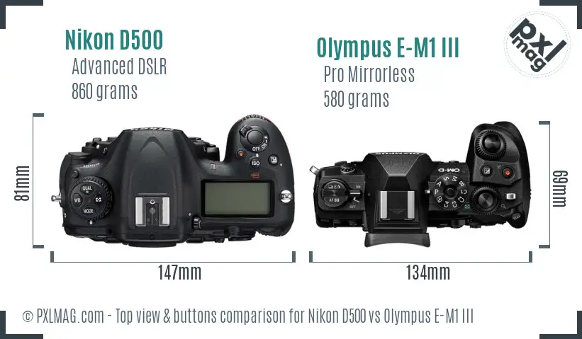 Nikon D500 vs Olympus E-M1 III top view buttons comparison