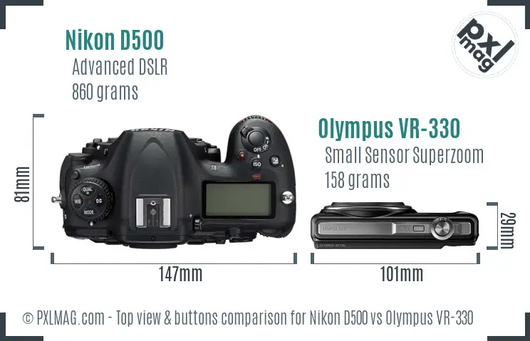 Nikon D500 vs Olympus VR-330 top view buttons comparison