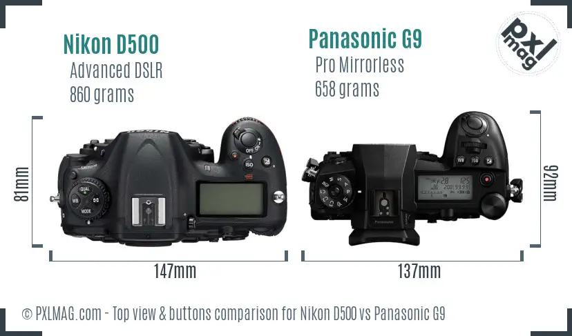Nikon D500 vs Panasonic G9 top view buttons comparison Nikon D500 vs Panasonic G9 top view buttons comparison