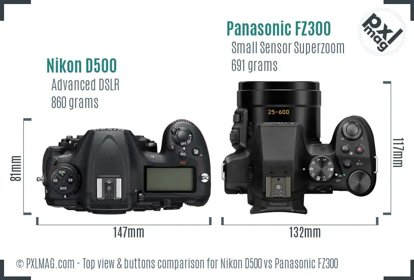 Nikon D500 vs Panasonic FZ300 top view buttons comparison Nikon D500 vs Panasonic FZ300 top view buttons comparison