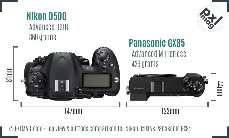 Nikon D500 vs Panasonic GX85 top view buttons comparison